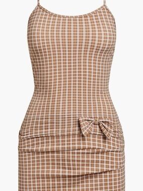 Lioness Brown and White Plaid Spaghetti-Strap Dress with Bow